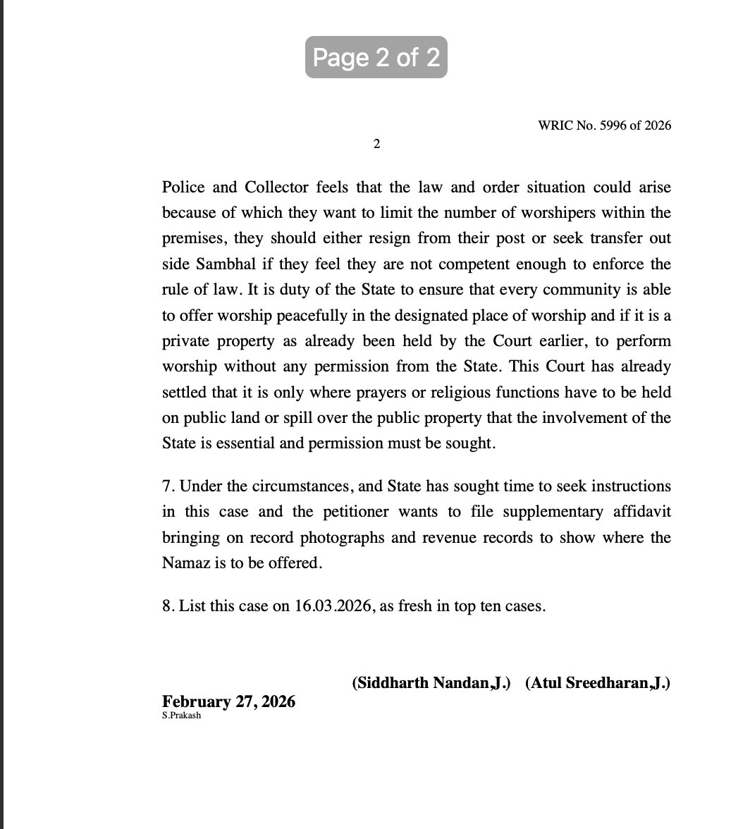 Allahabad High Court rejects UP administration's decision to restrict the number of persons offering namaz in a mosque in #Sambhal.

Bench of Justice Atul Sreedharan and Justice Siddharth Nandan says if the SP and District Collector cannot ensure law and order, then they should