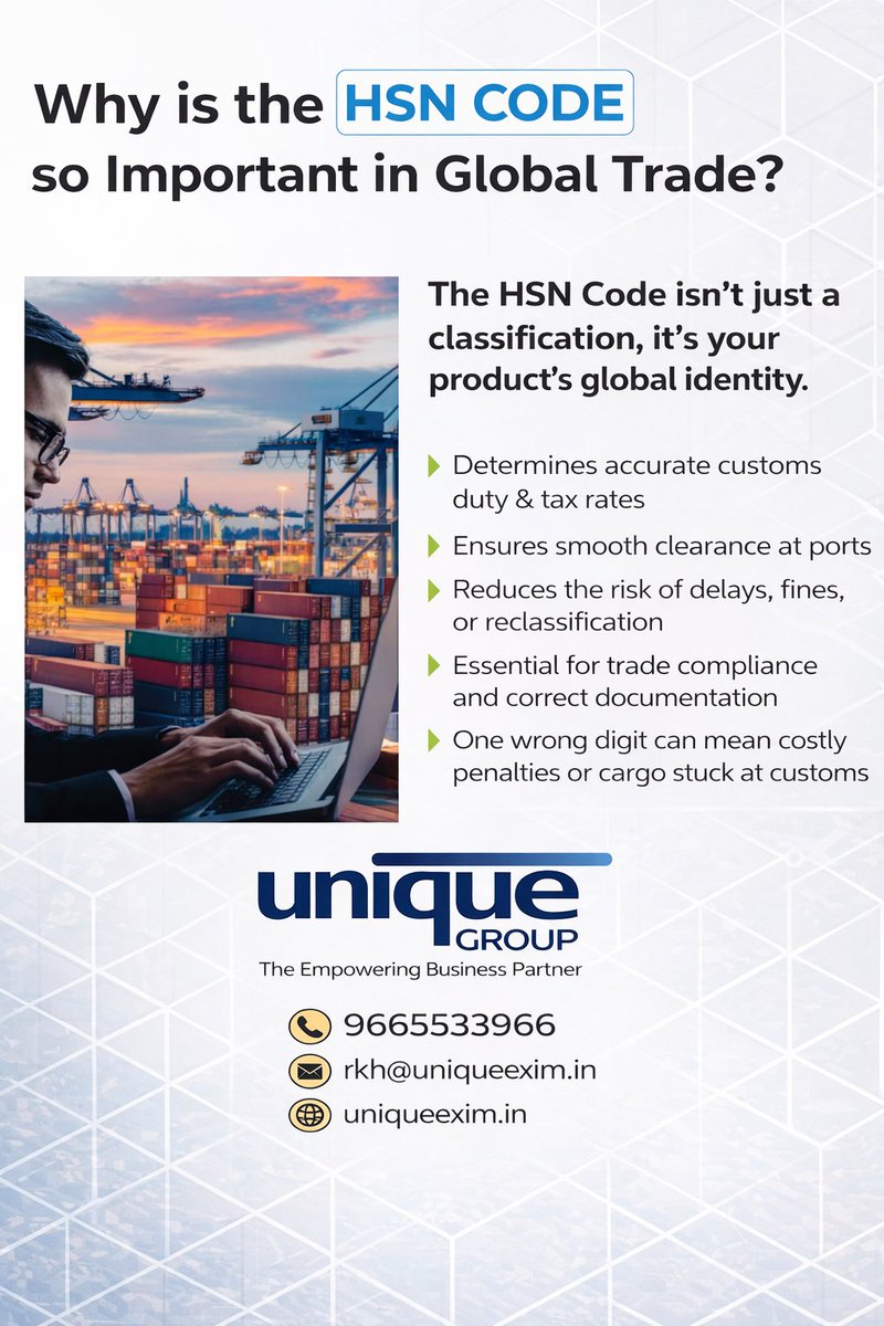 RameshH286365's tweet image. 🌍 Why is the HSN Code so important in Global Trade?

The HSN Code is more than just a number — it’s your product’s global identity in international trade.

#hsncode #importexport #globaltrade #internationaltrade #exportbusiness #importbusiness #dgft #tradecompliance #custom