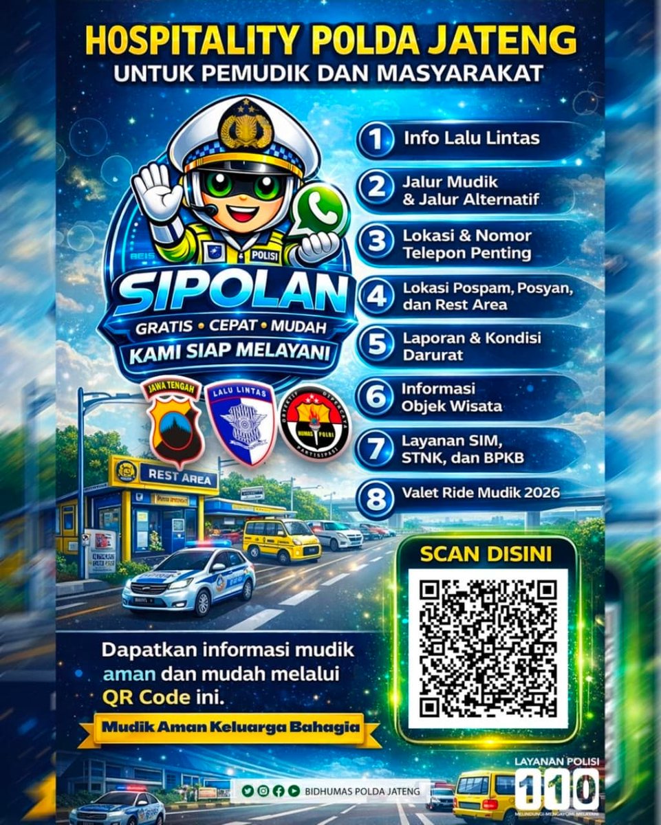 PolsekPml's tweet photo. Hospitality Polda Jawa Tengah
untuk pemudik dan masyarakat dapatkan informasi mudik aman dan mudah melalui SCAN QR Code

MUSIK AMAN KELUARGA BAHAGIA https://t.co/aaEQL70VaU