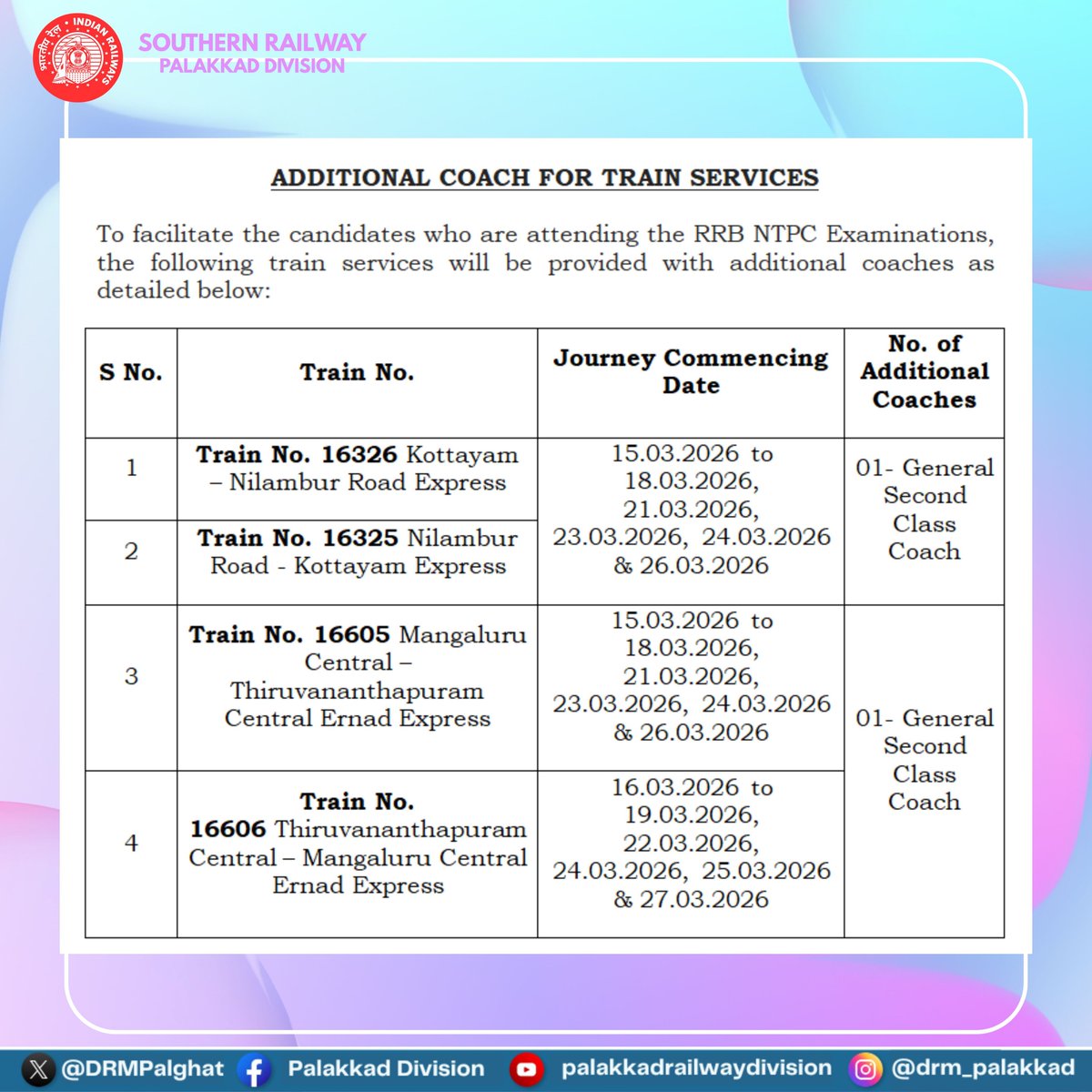DRMPalghat's tweet image. Supporting the dreams of tomorrow’s railway workforce 🚆 

To help RRB NTPC exam candidates reach their centres comfortably, additional coaches have been provided in selected train services. Railways stands with every aspirant on their journey to success✨

#IndianRailways #NTPC