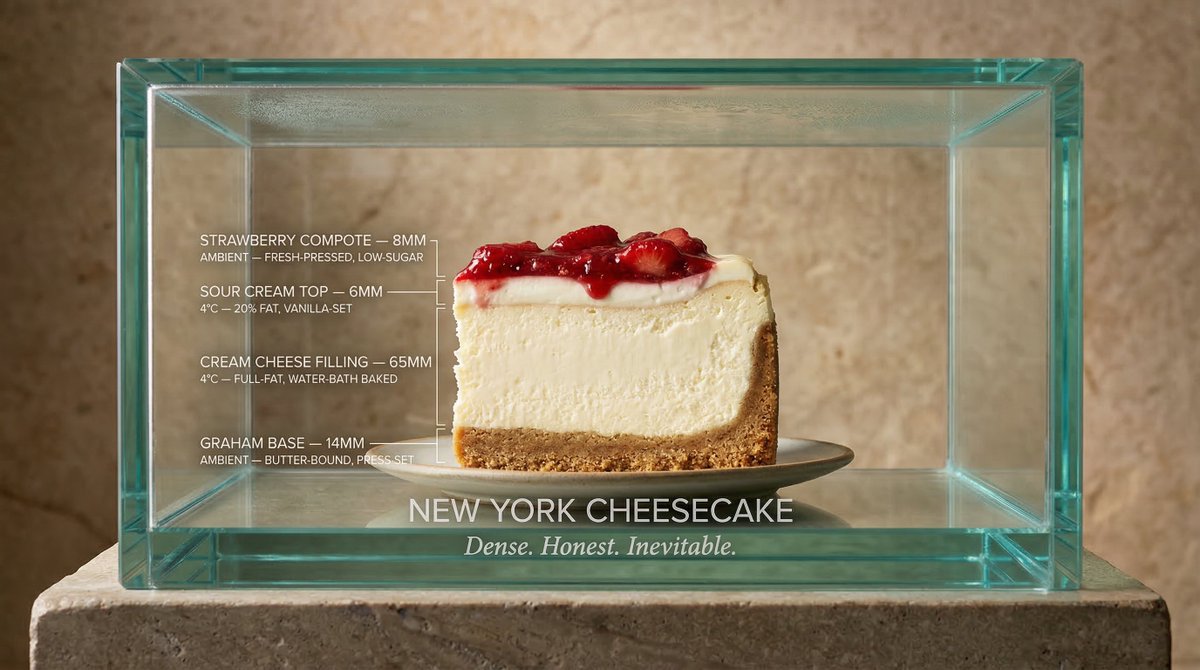 Prompt Studio: Glass Box Cross Section, with Nano Banana 2 in Firefly        

[DISH] sealed inside a flawless glass vitrine, cross-sectioned dead center,  camera locked at exact eye level, pure [COLOR] studio background.  Every internal layer exposed with surgical precision,