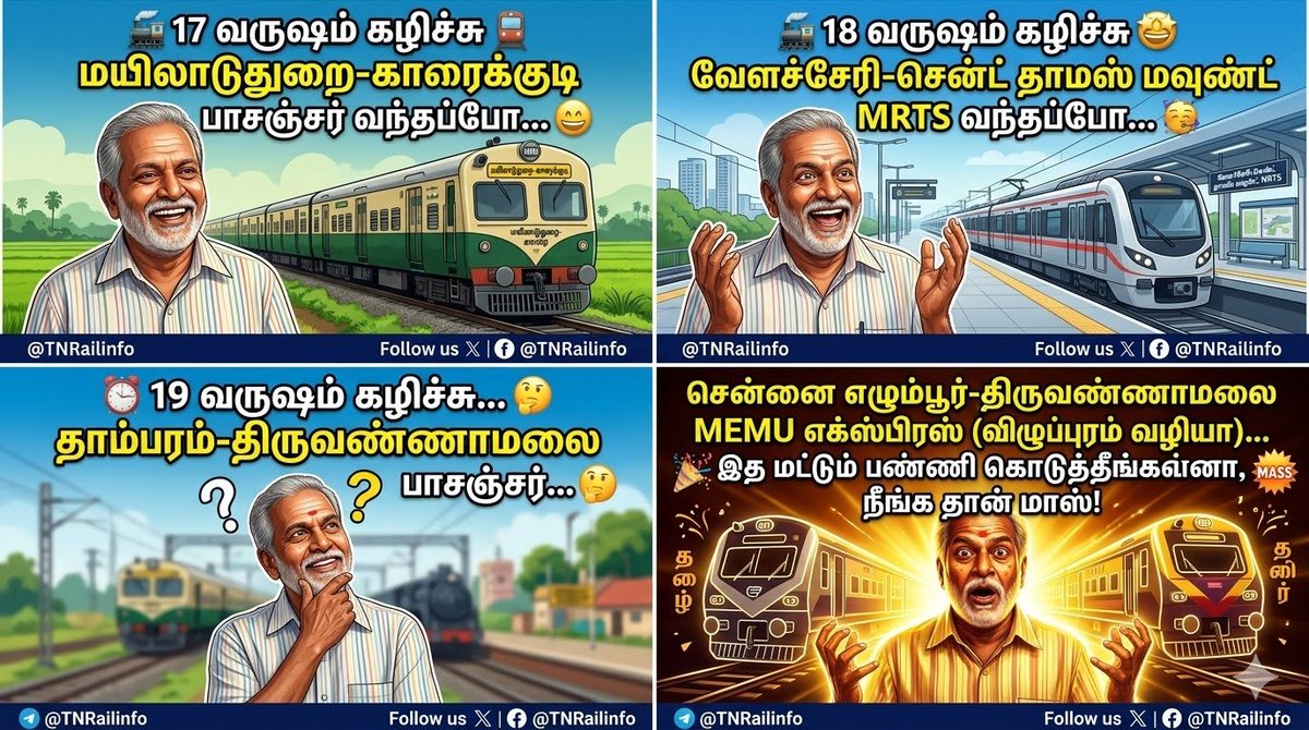 பௌர்ணமி கிரிவலத்திற்கு மட்டுமில்லை, தினசரி ஆயிரக்கணக்கான பயணிகளின் வாழ்வாதாரத்திற்குத் தேவை இந்த சென்னை - திருவண்ணாமலை MEMU! 

விழுப்புரம் வழியா ஒரு எக்ஸ்பிரஸ் MEMU மட்டும் விடுங்க...

<a href="/GMSRailway/">Southern Railway</a> <a href="/DrmChennai/">DRM Chennai</a> <a href="/DRMTPJ/">DRM - Tiruchchirappalli</a>