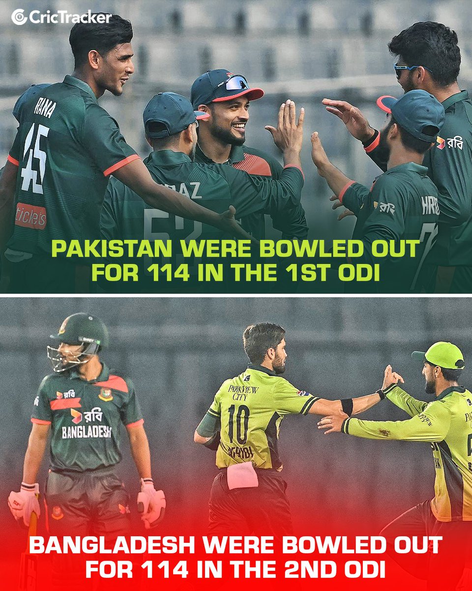 Cricketracker's tweet image. Déjà vu in the series! 🤯

Pakistan 🇵🇰 &amp;amp; Bangladesh 🇧🇩 both bowled out for the same score in consecutive ODIs

#BANvsPAK I #PakistanCricket I #2ndODI