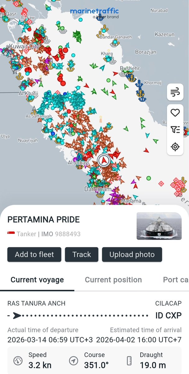 dwioktariyadi's tweet photo. Padahal di era digital dan semua pergerakan kapal bisa dimonitor secara online darimanapun secara realtime masih aja ada yg ketipu video Hoax AI 😂🤣

VLCC Pertamina Pride, posisi 14/03/2026 masih anchor di Ras Tanura - Saudi Arabia masih di areal Gulf Persia, belum lewat Selat Hormuz.

Gamsunoro masih di Khor Al Zubair - Irak (14/03/2026) masih dlm Gulf Persia, belum lewat Selat Hormuz jg.