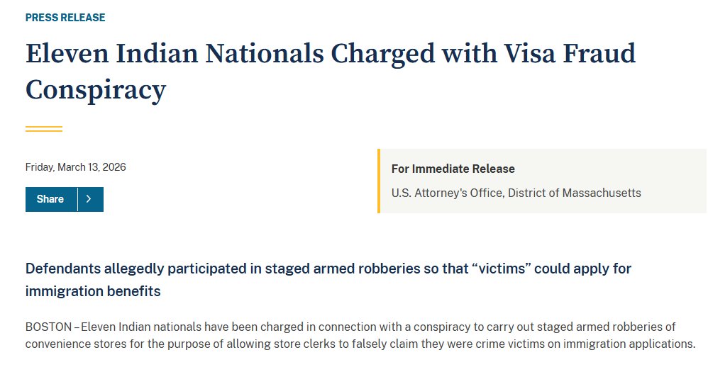 CNBCTV18Live's tweet image. #CNBCTV18Alert: Eleven Indian nationals have been charged in connection with a #conspiracy to carry out staged armed robberies of convenience stores for the purpose of allowing store clerks to falsely claim they were crime victims on immigration applications: US Attorney's Office