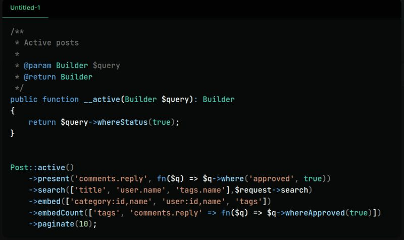 dopparframework's tweet photo. Laravel inspired Doppar Entity ORM. Filtering, embedding, and counting relations become beautifully expressive in just a few lines of code.
#doppar #entityorm #php #framework #laravel #eloquent https://t.co/GTHxm9DEbJ