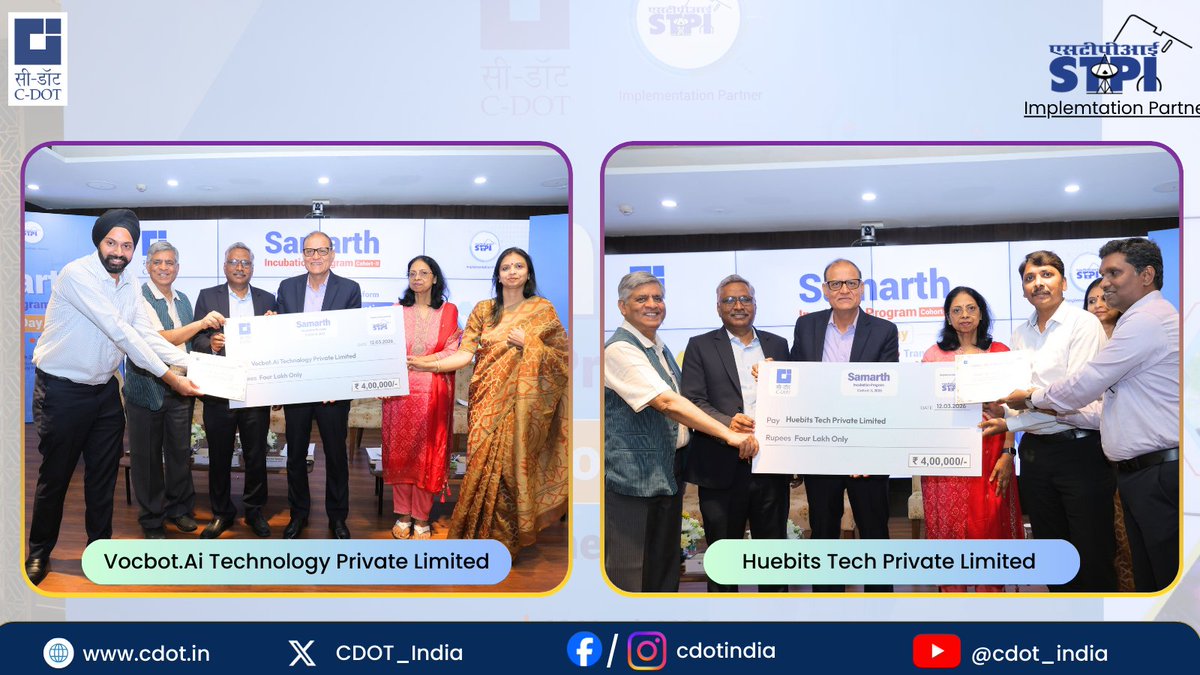 CDOT_India's tweet image. SAMARTH Cohort-II Demo Day celebrates innovation in Telecom &amp;amp; ICT!

@CDOT_India, with @stpiindia as the implementing partner, successfully hosted the SAMARTH Cohort-II Demo Day, where incubated #startups presented the #innovative solutions, they have developed against niche