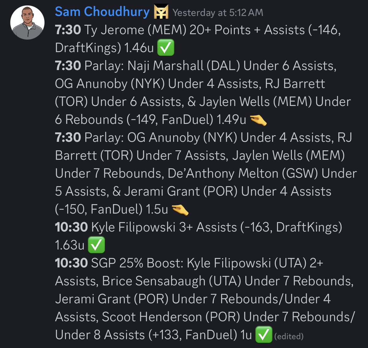 SC_FFB's tweet photo. 3/13 Sam’s Club Recap: 3-2 💰

✅ +375 NBA Boost
✅ +363 All Purpose Boost
✅ +273 Double Double Boost

2-0 on straight, 3-0 on lottos

🚨 20% off for the next 30 days with promo code MARCH 🚨
🔗 https://t.co/m75VBVcaG6 https://t.co/Pc6bb9TtTY