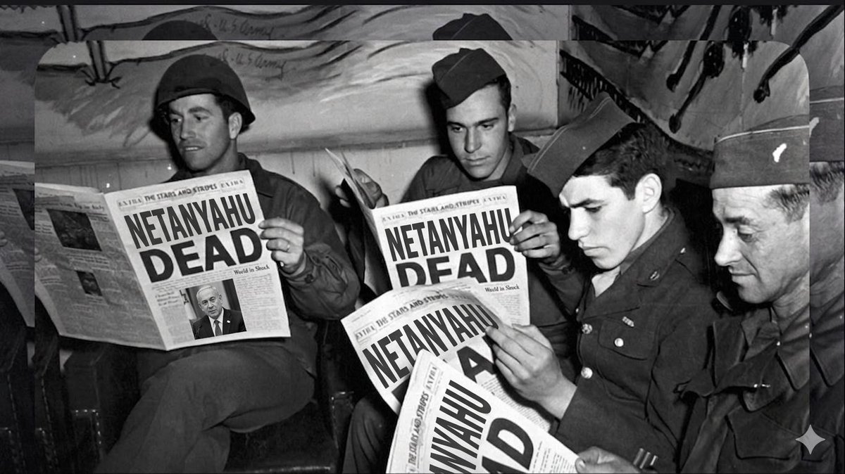 ecko_419's tweet image. Iranian soldiers read about the death of the devil's spawn after successfully carrying out a missile strike.

This image will live in infamy (AI).

#netanyahuisdead #Trump #IsraelEnemyOfHumanity