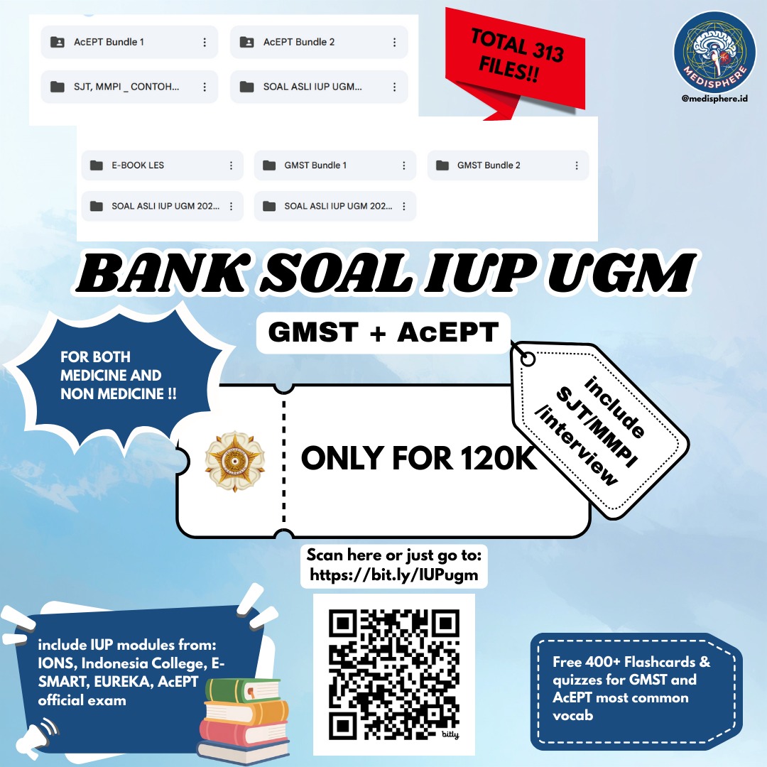 Med1_co's tweet photo. Hi! ✨️
Yg mau drive BANK SOAL IUP UGM kedokteran/non
120k dpt apa?
1. Soal asli iup gmst + acept
2. Soal asli iup unair 
3. Soal bimbel2 top
4. Bonus flashcard 400+ vocab plg sering ada di Verbal GMST 
5. File fase 2 fk/non: Interview, SJT, MMPI #iupugm #iup #ugm #kedokteran https://t.co/Vt6ANcvB4q