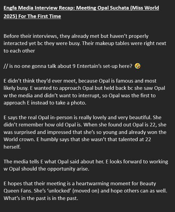 LC357292's tweet photo. Engfa Media Interview Recap: Meeting Opal Suchata (Miss World 2025) For The First Time

ALLAROUND SENSATION ENGFA14
#อิงฟ้ามหาชน #EngfaWaraha https://t.co/wyV1F4R6eG
