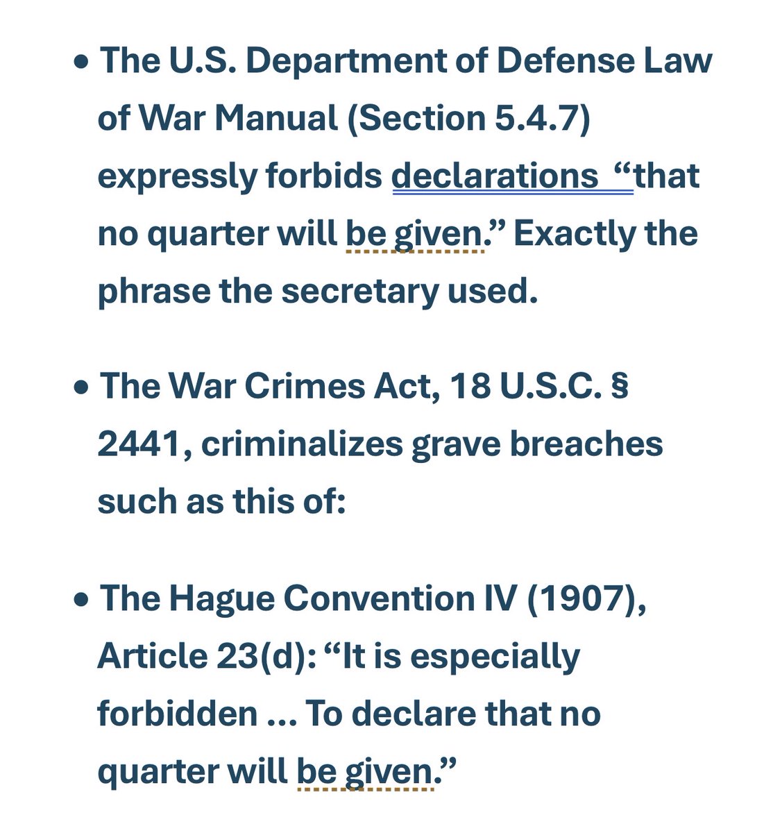PaultFord's tweet photo. @SenMarkKelly Calling for “no quarter” is explicitly a WAR CRIME. Hegseth should be impeached, investigated, and prosecuted. https://t.co/CVtZ0bstot