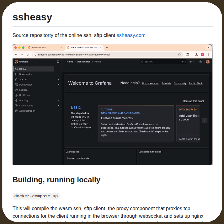 SSH and SFTP client in a browser via Go and WebAssembly

github.com/hullarb/ssheasy