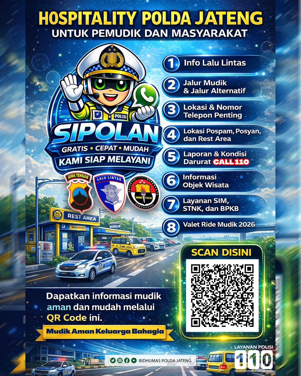 Dena_Uk's tweet photo. Mudik Aman Informasi Dalam Genggaman 🚘 💯

Melalui inovasi layanan SIPOLAN,  Polda Jawa Tengah menghadirkan kemudahan bagi masyarakat untuk mendapatkan informasi lalu lintas, jalur alternatif, hingga bantuan darurat secara cepat melalui WhatsApp. https://t.co/iaLM4Ytj6G