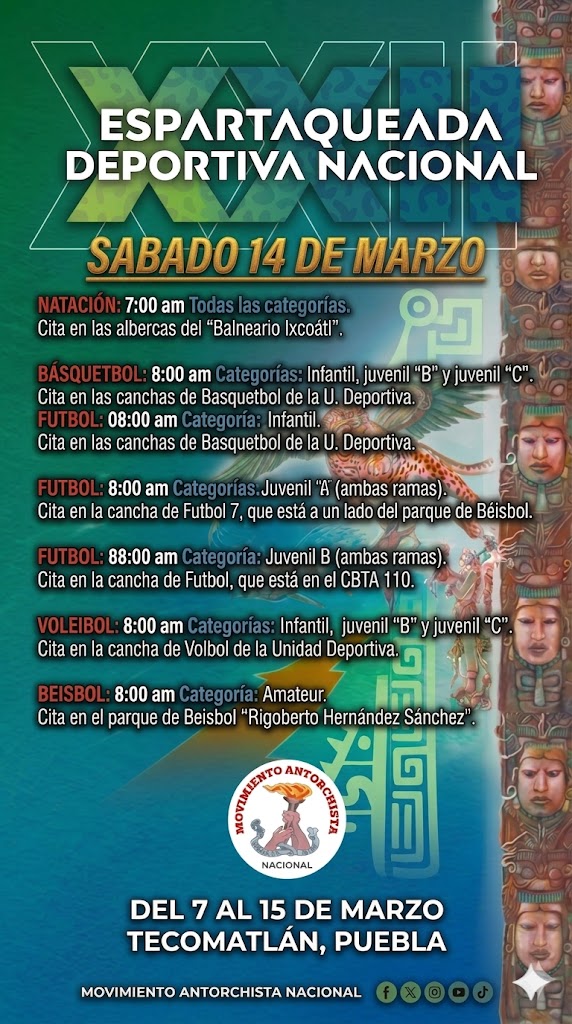 Este sábado 14 de marzo continúan las competencias de la XXII Espartaqueada Deportiva Nacional.
Juegos desde las 8:00 am
La Espartaqueada es el evento deportivo no gubernamental más grande del país organizado por el Movimiento Antorchista Nacional.
 #EspartaqueadaDeportiva