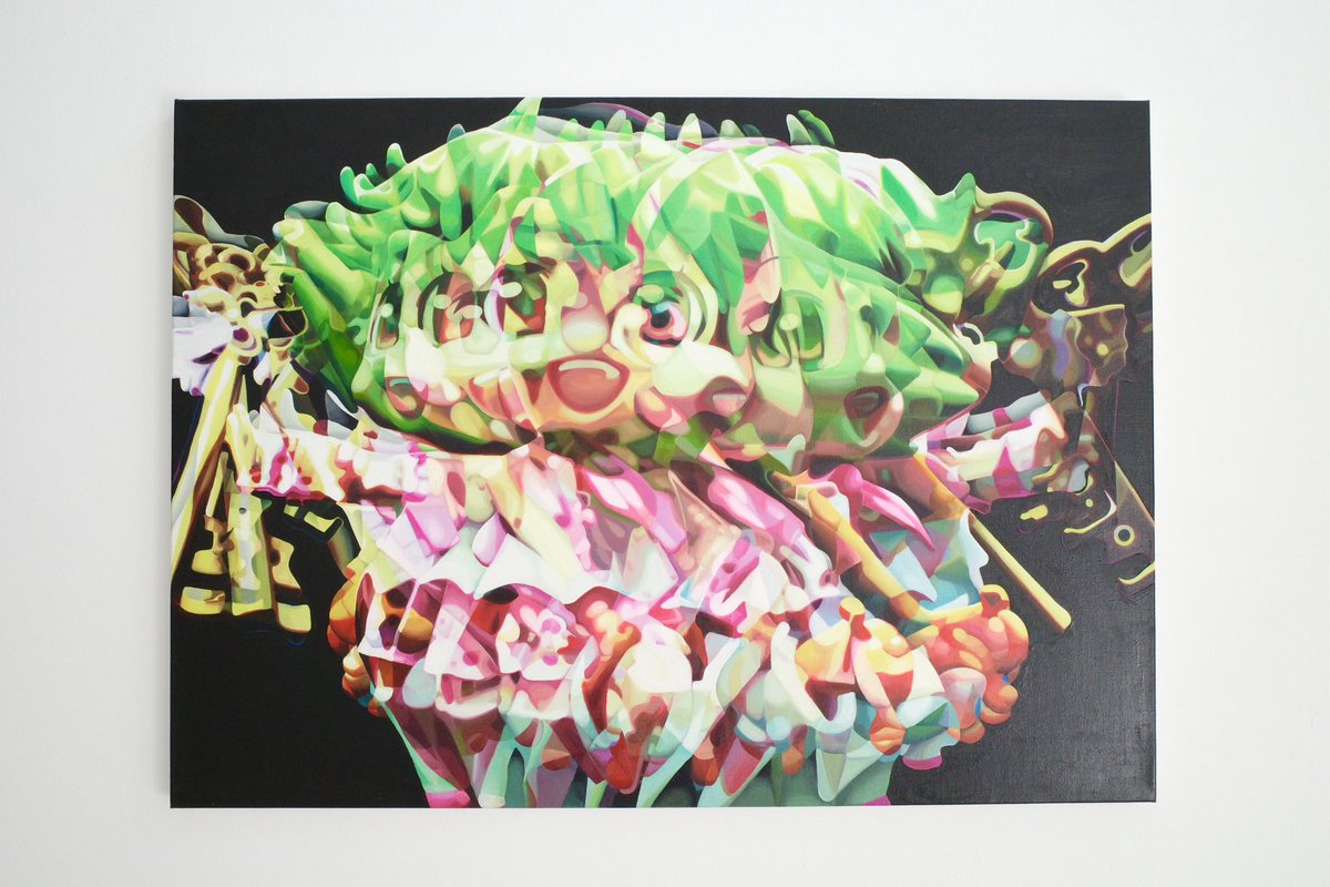 JITSUZAISEI's tweet photo. 肉体を得ることで偶像的にも愛されるようになりました。私はフィギュアに回転という動きを与え、その連続性を1枚のキャンバスに閉じ込める、つまり「時間軸」=「4つ目の次元」を絵画という「2次元」 で可視化させる制作を行っています。
 今回の展示タイトルである「MERRY TORA BUTTER」とは、 https://t.co/KFP4mlVGpt