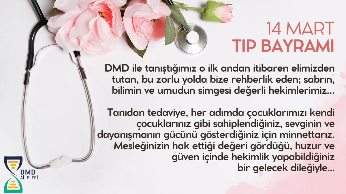 Dmd_aileleri's tweet photo. 14 Mart Tıp Bayramı kutlu olsun!

DMD ile tanıştığımız o ilk andan itibaren elimizden tutan, bu zorlu yolda bize rehberlik eden; sabrın, bilimin ve umudun simgesi değerli hekimlerimiz…

Tanıdan tedaviye, her adımda çocuklarımızı kendi çocuklarınız gibi sahiplendiğiniz, sevginin ve dayanışmanın gücünü gösterdiğiniz için minnettarız. 
Mesleğinizin hak ettiği değeri gördüğü, huzur ve güven içinde hekimlik yapabildiğiniz bir gelecek dileğiyle...

#DMD #duchennemusculardystrophy #14marttıpbayramı #doktor #14mart #cumartesi