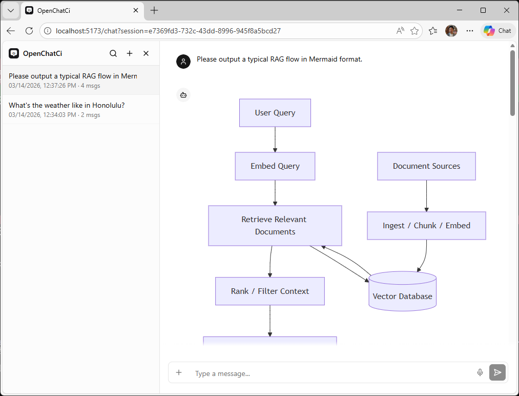 motoJinC25's tweet photo. OpenChatCi という AI Agent Chat アプリを GitHub で公開しました。
PyPI にも登録したので、すぐ試せます。
Microsoft Agent Framework / AG-UI Protocol / FastAPI / React を使った Localhost First の AI Agent Chat アプリです。
https://t.co/VBsSjhCBtp
#OpenChatCi #MAF #AGUI #AIAgent https://t.co/dpJMgvPpnl