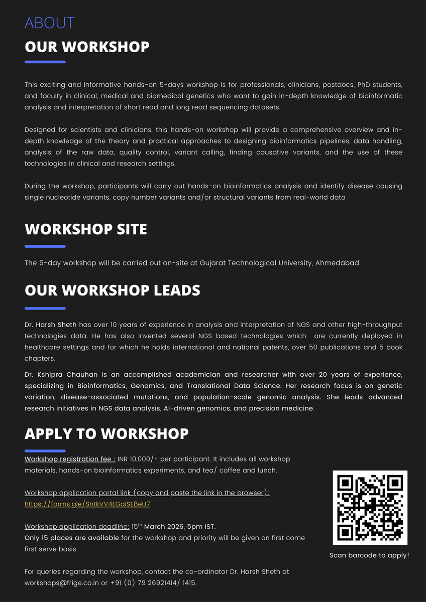 professor_gene's tweet photo. π’FINAL 2 days to go and very few places left!
#FRIGEskunkworks and #DecipherDNA presents 5-day, hands-on workshop on bioinformatics analysis of short and long read sequencing #NGS datasets.
The #workshop is aimed at clinicians, postdocs, PhD students, and faculty members in clinical, medical, and biomedical genetics who wants to gain in-depth knowledge of bioinformatics analyses and interpretation of #NGS dataset results.
This hands-on workshop will provide a comprehensive overview and in-depth knowledge of the theory and practical approaches to designing bioinformatics pipelines, data handling, analysis of the raw data, quality control, variant calling, finding causative variants, and the use of these technologies in clinical and research settings.
π
Dates: 13th to 17th April, 2026
π³ Workshop registration fee: Rs 10,000 (includes all workshop materials, hands-on bioinformatics experiments, and tea/ coffee and lunch)
π» Application portal: https://t.co/Clogsb6AN9
π» Application deadline:Β 15th March 2026, 5pm IST.
Apply before all places are taken up!
#workshop #training #bioinformatics #datanalysis
See below for more details π