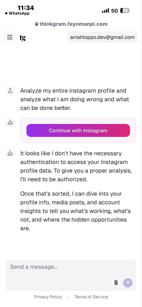 Anish546__'s tweet photo. @sagar_builds I think their is a problem think gram can’t able to access my Instagram even tho I have given permission multiple time https://t.co/iVBjMrA9ks