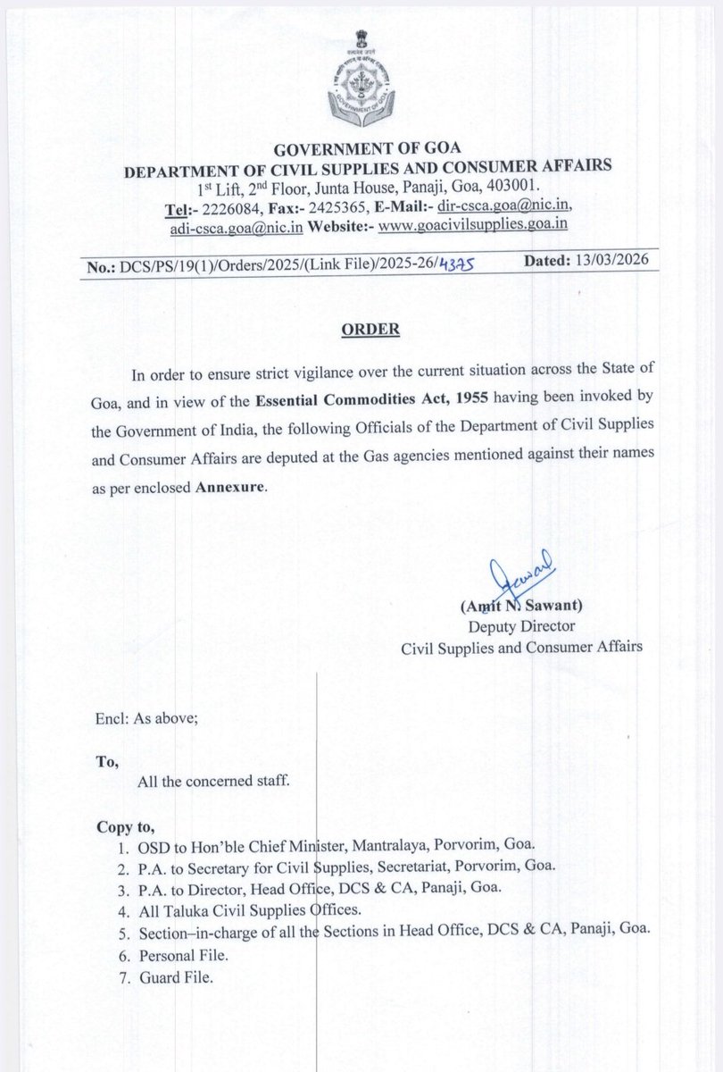 thegoanonline's tweet image. THE GOAN | Goa govt invokes Essential Commodities Act, 1955; Civil Supplies Dept deploys officials at gas agencies across Goa to maintain strict #vigilance amid #LPG situation

#Goa #BreakingNews #LPGShortage
