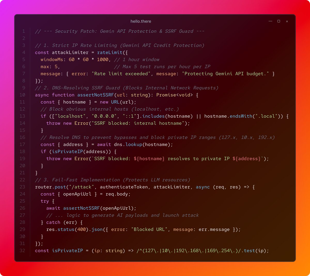 RaghulAR7's tweet photo. Securing the Onyx pipeline. 

Yesterday's audit revealed an attacker could drain my Gemini API credits by spamming the attack endpoint. Shipped a patch today adding strict IP rate limiting and custom DNS-resolving SSRF guards to block internal network requests. https://t.co/0swdyiykPt