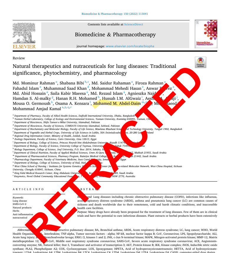 Spottingthespot's tweet image. There it is! Thee new retractions for #papermill #fraud and corrupt editor Mohamed M. Abdel-Daim! This fraud has been active as editor for his paper mill friends for many papers. @Bmcjed sure is proud to have such a fraud working for them!
