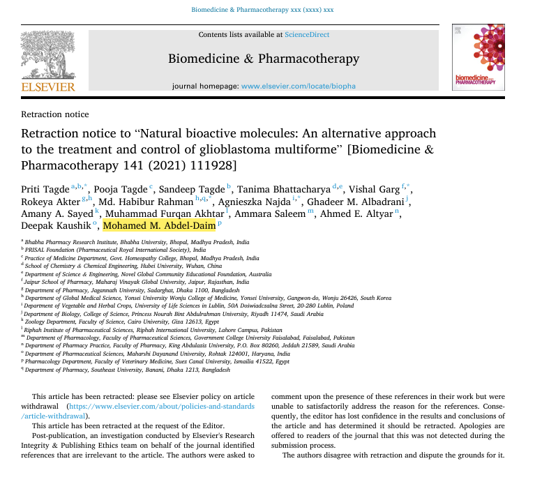 Spottingthespot's tweet image. There it is! Thee new retractions for #papermill #fraud and corrupt editor Mohamed M. Abdel-Daim! This fraud has been active as editor for his paper mill friends for many papers. @Bmcjed sure is proud to have such a fraud working for them!