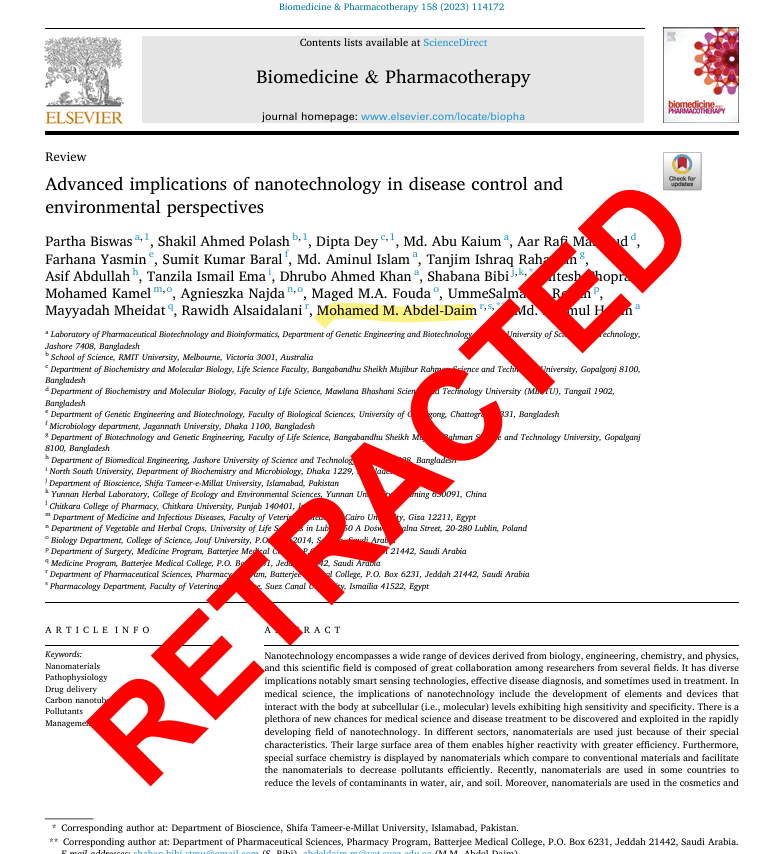 Spottingthespot's tweet image. There it is! Thee new retractions for #papermill #fraud and corrupt editor Mohamed M. Abdel-Daim! This fraud has been active as editor for his paper mill friends for many papers. @Bmcjed sure is proud to have such a fraud working for them!