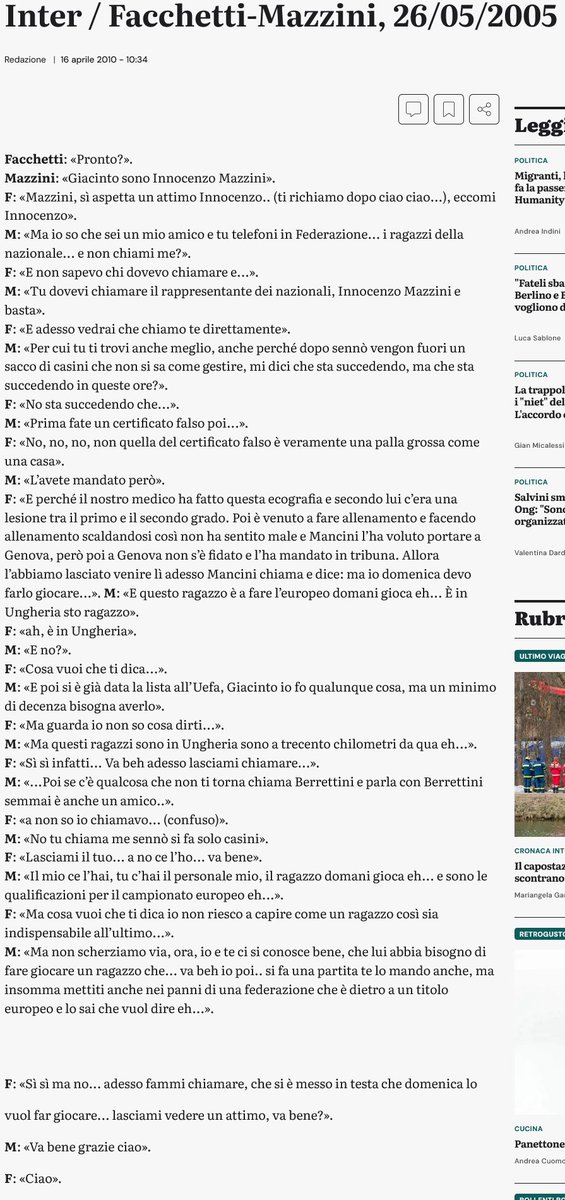 Telefonata tra Facchetti e Innocenzo Mazzini sul Certificato falso di Andreolli. Tornando a Calciopoli, leggete questa intercettazione su un certificato FALSO che l'Inter manda alla FIGC . Sono senza SCUSANTI, meriterebbero di giocare in Inter..regionale.