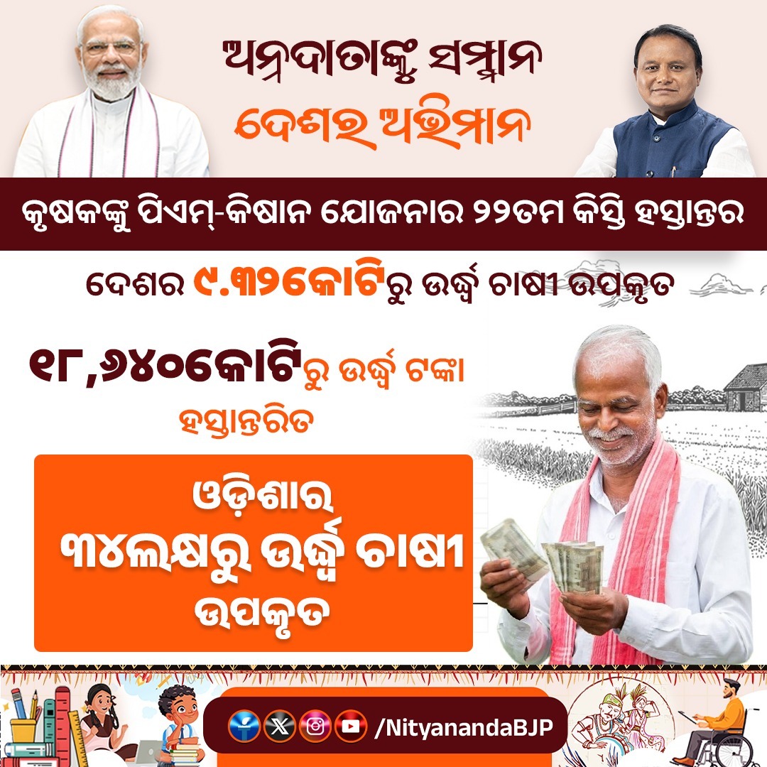 NityanandaBJP's tweet image. ପିଏମ୍ କିଷାନର ୨୨ ତମ କିସ୍ତି ଦ୍ଵାରା ଦେଶର ମୋଟ ୯.୩୨ କୋଟିରୁ ଉର୍ଦ୍ଧ୍ଵ କୃଷକଙ୍କୁ ୧୮,୬୪୦ କୋଟିରୁ ଉର୍ଦ୍ଧ୍ଵ ଟଙ୍କାର ସହାୟତା ରାଶି ପ୍ରଦାନ କରିଛନ୍ତି ଯଶସ୍ଵୀ ପ୍ରଧାନମନ୍ତ୍ରୀ ଶ୍ରୀ @narendramodi ଜୀ। ଯାହାଦ୍ୱାରା ରାଜ୍ୟର ୩୪ ଲକ୍ଷରୁ ଉର୍ଦ୍ଧ୍ଵ ଚାଷୀ ଉପକୃତ ହୋଇଛନ୍ତି। 

#PMKisan