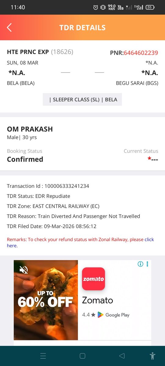 om100prakash's tweet photo. @RailwaySeva 
Why TDR is repudiate. Train is diverted from my boarding station still I didn't refund why? https://t.co/lV2omau6Sn