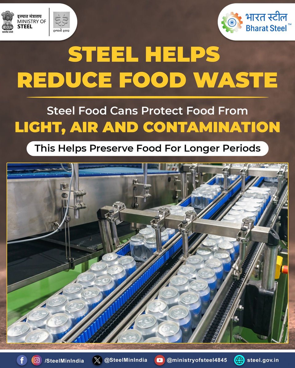 SteelMinIndia's tweet image. Steel packaging protects food from light and air, helping maintain food quality and safety. This protection can help reduce food waste in supply chains.

#FoodPackaging #SteelFacts #Sustainability