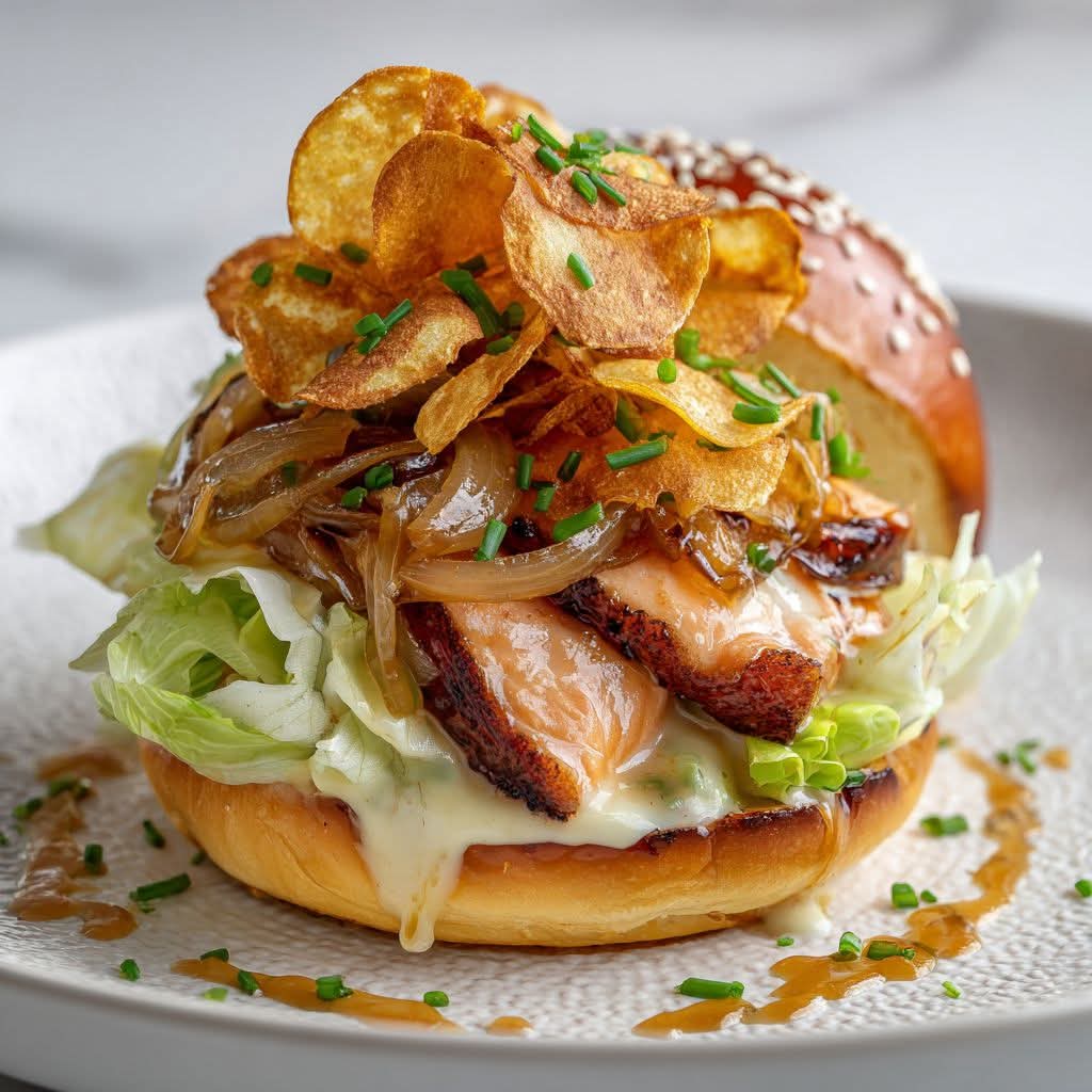 SwenkiesTable's tweet photo. Salmon Sandwich with Seared Salmon, Caramelized Onion, Lettuce, Potato Chips, Cheese &amp; Teriyaki-Mayo https://t.co/iPZBS3rxE5