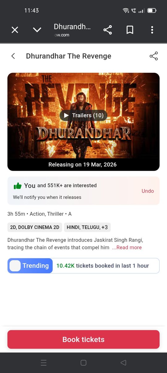 Kunal07757382's tweet photo. Dhurandhar: The Revenge Note 🔥

Dhurandhar ne phir sabit kar diya — sirf 1 ghante mein 10K tickets BookMyShow par sold out! 💥

Yeh sirf shuruaat hai…
March mein tufaan aur sunami aane wali hai. 🌪️🌊
Mass ka asli Dhurandhar ready ha!#DhurandharTheRevenge #MassStorm #dhurandhar2 https://t.co/534um90RBh