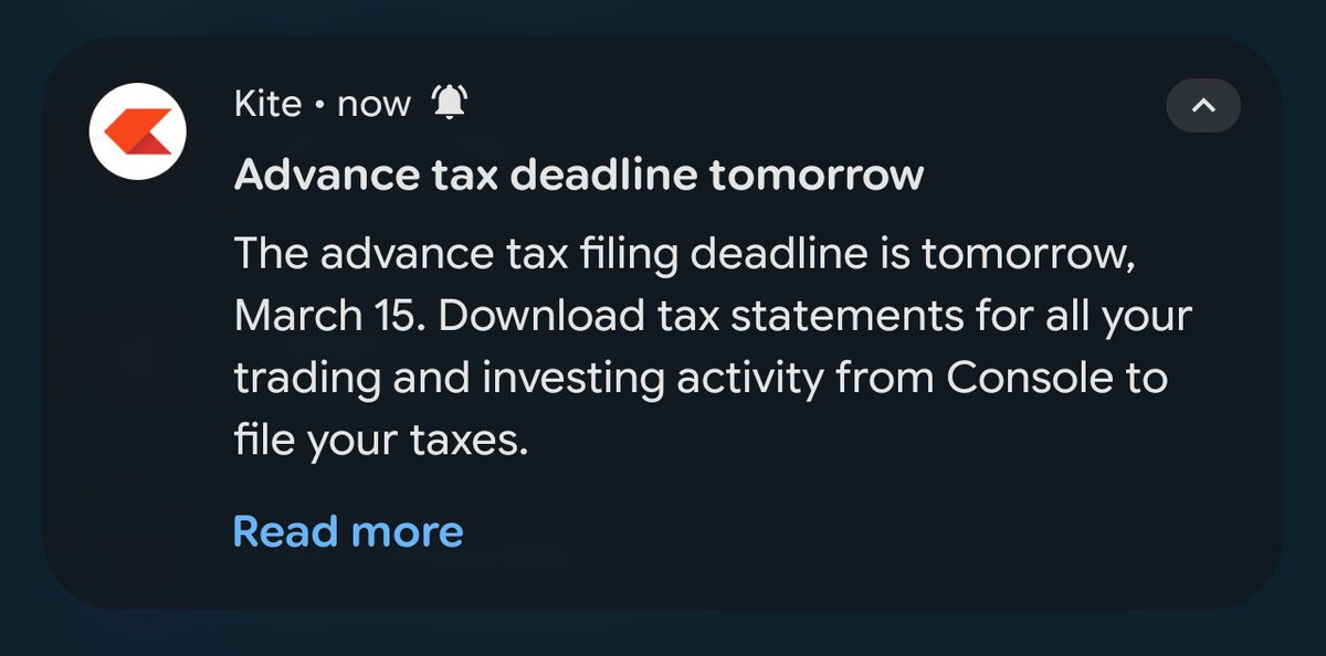 dineshpaii's tweet photo. I think paying advance tax is the most underrated way to save up. Tomorrow is the last deadline for final advance tax instalment for FY 2025-26.

Miss it → pay 1% interest per month. 

Note in the comments has steps to download your statements from @zerodha Console. https://t.co/1LdBRqWPvd