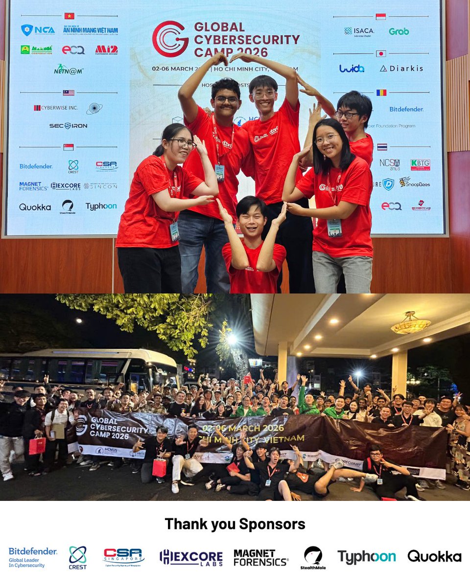 div0_sg's tweet photo. GCC 2026 Vietnam complete ๐ป๐ณ
Singapore students trained alongside cybersecurity communities from across the globe on critical infrastructure defense, system-level security & AI automation.
Thanks to our Vietnamese hosts & sponsors. Malaysia ๐ฒ๐พ, see you in 2027!
#Div0 #GCC2026 https://t.co/pJqBOiKHfg