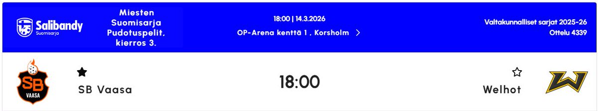 Tänään jatkuu #Myrsky taistelu Divaripaikasta. Welhot Kuopiosta saapuu Vaasaan.

Ottelusarjan voittaja saa karsinnoissa vastaan M-Teamin Helsingistä.

#Oxdog #SBVaasa
