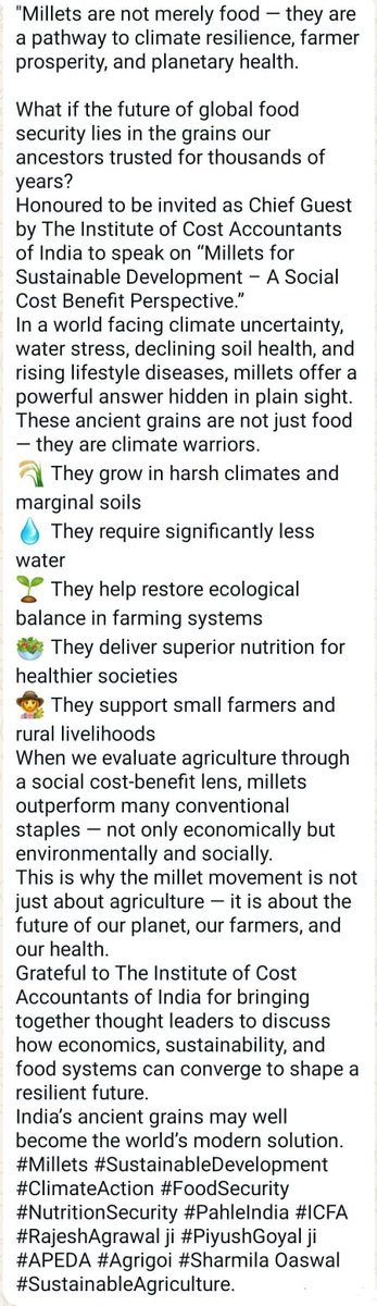 ICMAICMA's tweet photo. #Millets #SustainableDevelopment #ClimateAction #FoodSecurity #NutritionSecurity #PahleIndia #ICFA #RajeshAgrawal ji #PiyushGoyal ji #APEDA #Agrigoi #Sharmila Oswal ji #SustainableAgriculture. https://t.co/9aRNchvNcn