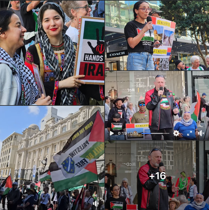 DavidRobie's tweet photo. "Hands Off Iran": Combined protest for #Palestine and against the illegal and unprovoked US-Israeli war on #Iran at Auckland's Te Komititanga Square today. One of 30+ protest events across New Zealand this weekend. #asiapacificreport #NZprotest #IranWar
https://t.co/esR1G4aRtM https://t.co/5LHcJaDe5U