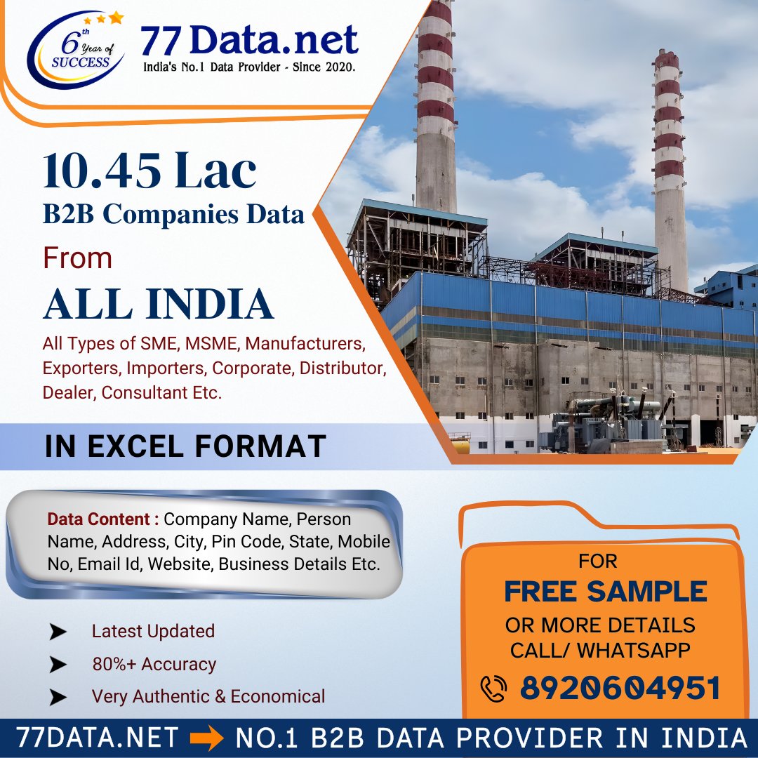 77dataN's tweet photo. Looking for updated B2B data across all industries in India?
Access 10.45 Lac+ verified B2B companies data covering SME, MSME, manufacturers, OEMs, exporters, importers, corporates, distributors &amp; more — all in one place!

Get FREE SAMPLE
Call/Whatsapp: 8920604951

#B2BDataIndia https://t.co/58DIK9myEe