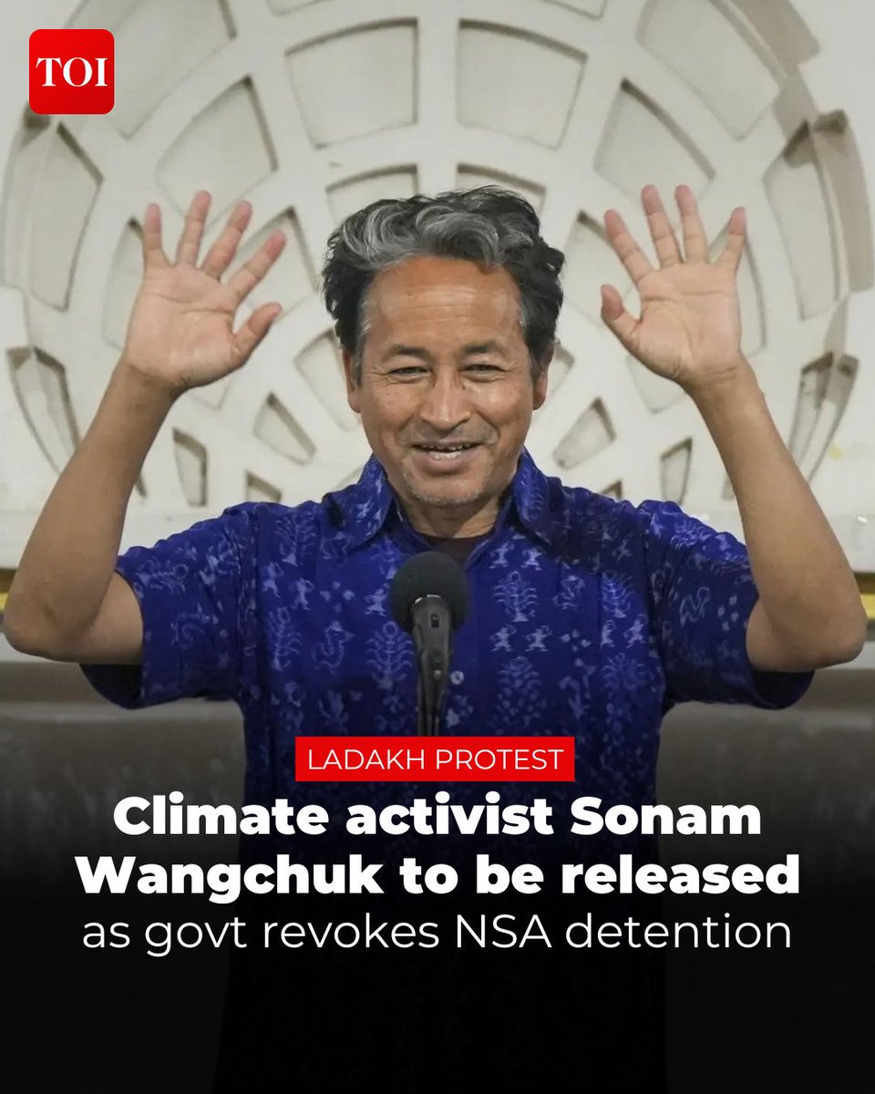timesofindia's tweet image. #Centre revoked the detention of climate activist #SonamWangchuk with immediate effect by exercising powers under the National Security Act, the ministry of home affairs said. Earlier this week, the #SupremeCourt of #India had adjourned the hearing on a petition challenging