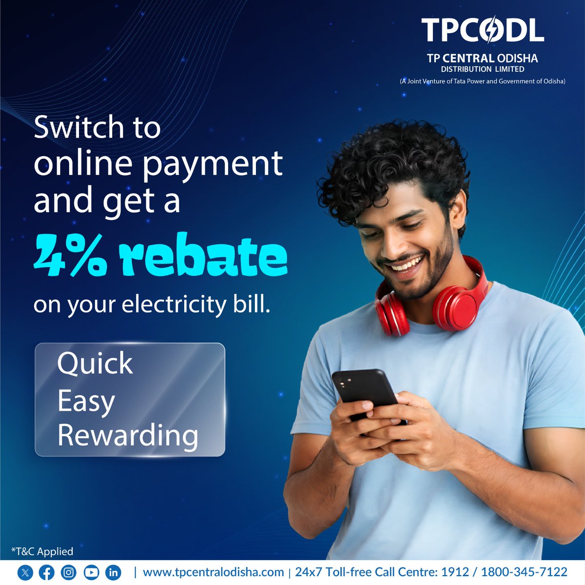 TPCentralOdisha's tweet photo. Pay your electricity bill the smart way—go digital!
Make your payment online before the due date and get a 4% rebate. It’s quick, easy and saves your money. Switch to digital payments today!
#TPCODL #GoDigital #BillPayment #DigitalPayment #SmartPayment
@SecyChief
@IPR_Odisha
@OPTCL_Odisha