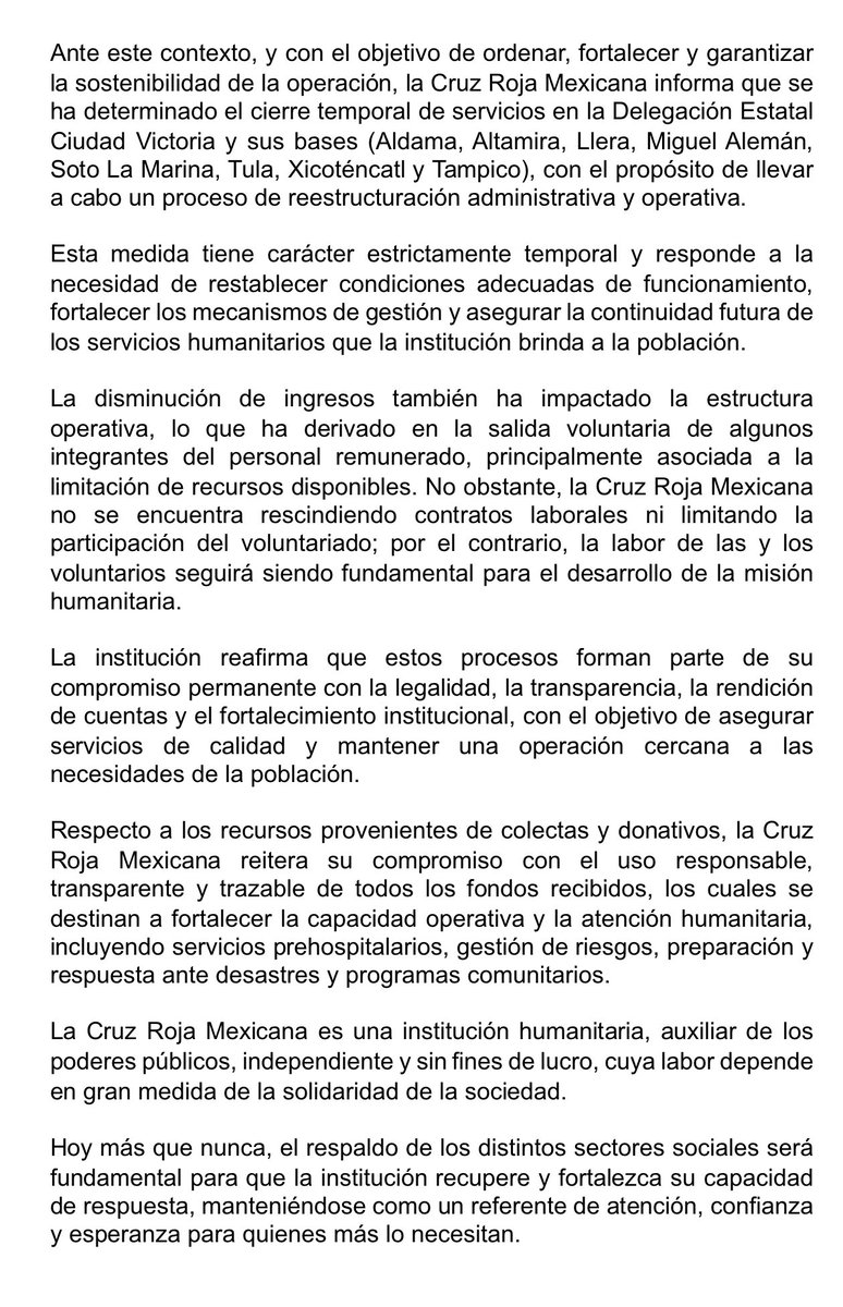 CruzRoja_MX's tweet photo. #Entérate | Cruz Roja Mexicana anuncia el cierre temporal de la delegación Ciudad Victoria en #Tamaulipas. https://t.co/UNJVFxDS9X