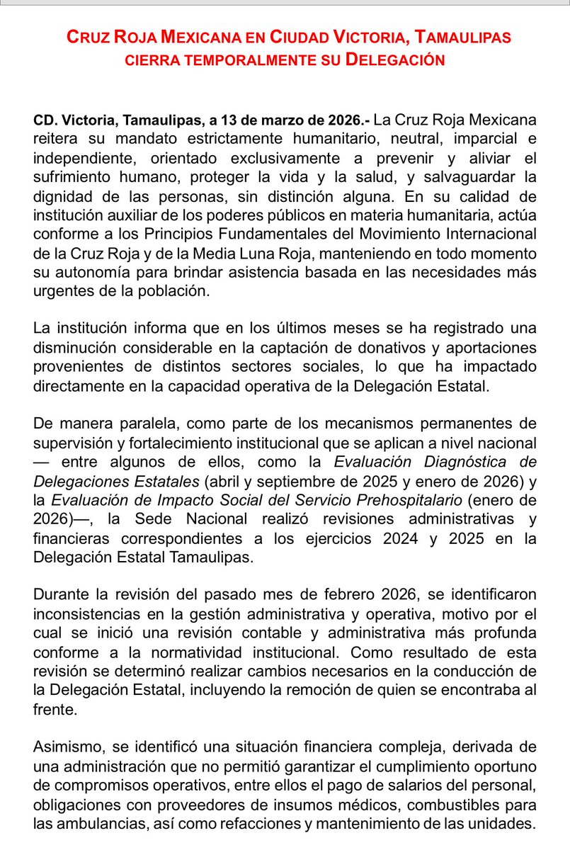 CruzRoja_MX's tweet photo. #Entérate | Cruz Roja Mexicana anuncia el cierre temporal de la delegación Ciudad Victoria en #Tamaulipas. https://t.co/UNJVFxDS9X