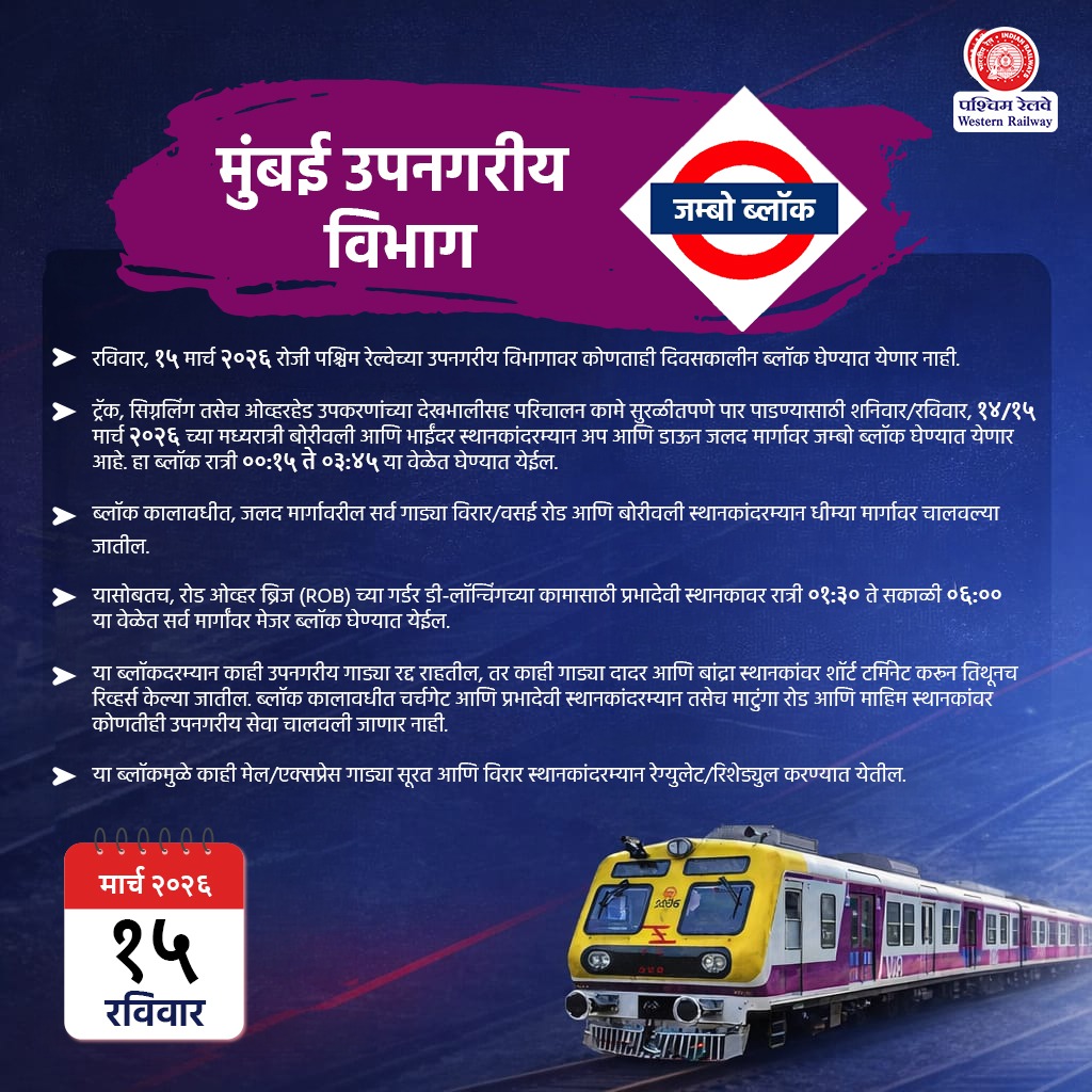 WesternRly's tweet image. रविवार, १५ मार्च २०२६ – दिवसकालीन ब्लॉक नाही.
रात्रकालीन जम्बो ब्लॉकमुळे काही उपनगरीय गाड्यांवर परिणाम होऊ शकतो. 🚆

@RailMinIndia 

#WRUpdates #JumboBlock