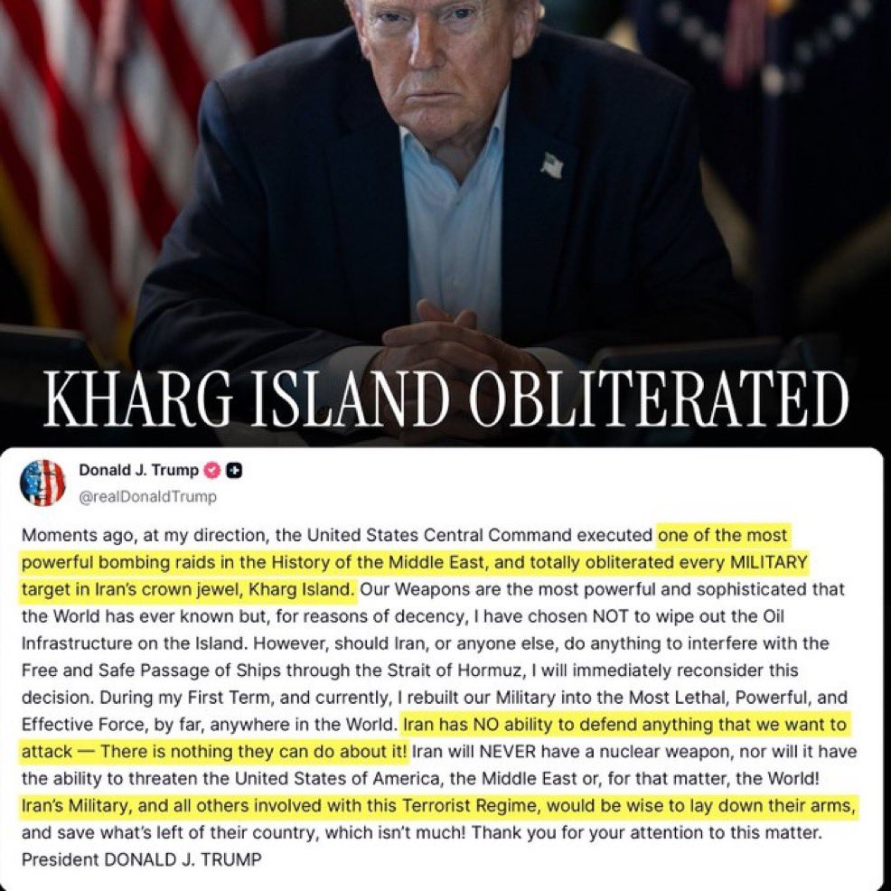Good morning.

This was a genius move. The regime in Iran needs to SURRENDER, or Trump will likely invade and hold Kharg Island.

Meanwhile, Israel is blowing up basijis left and right to set the conditions for a revolution.

Will be a very interesting weekend.
