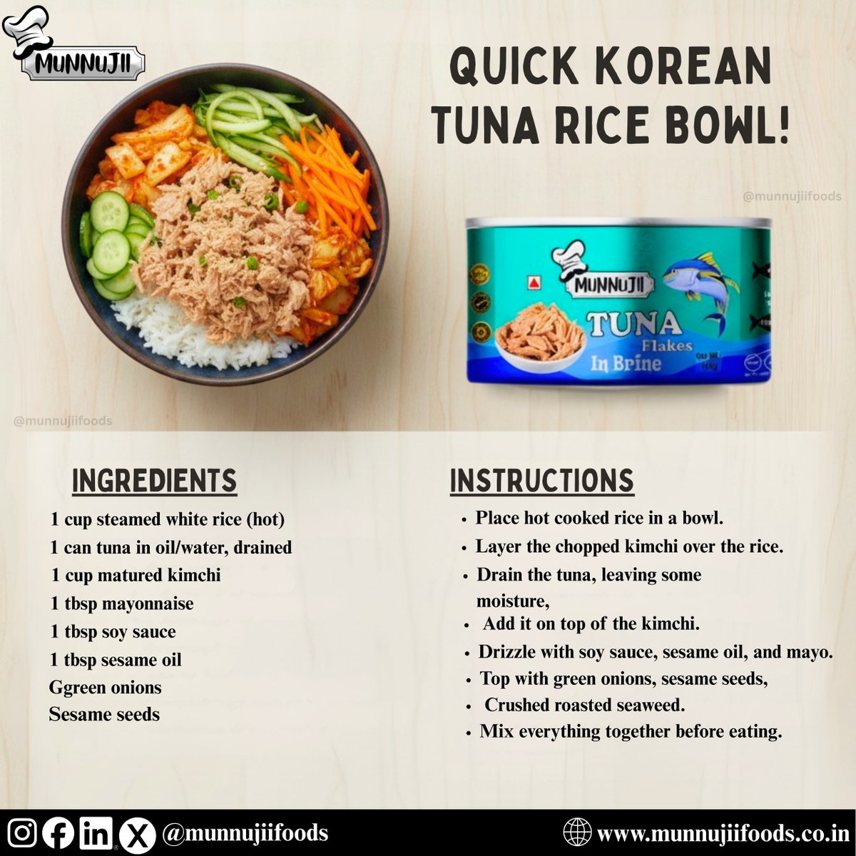 munnujiifoods's tweet photo. Lunch break or power hour?
Fuel your workday with our Quick Korean Tuna Rice Bowl. High protein, zero fuss, and ready in 5 minutes. Real food for real schedules.
https://t.co/flMru1vyrb
#MunnujiiFoods #QuickLunch #HighProtein #WorkDayFuel https://t.co/tKwwySNnRy