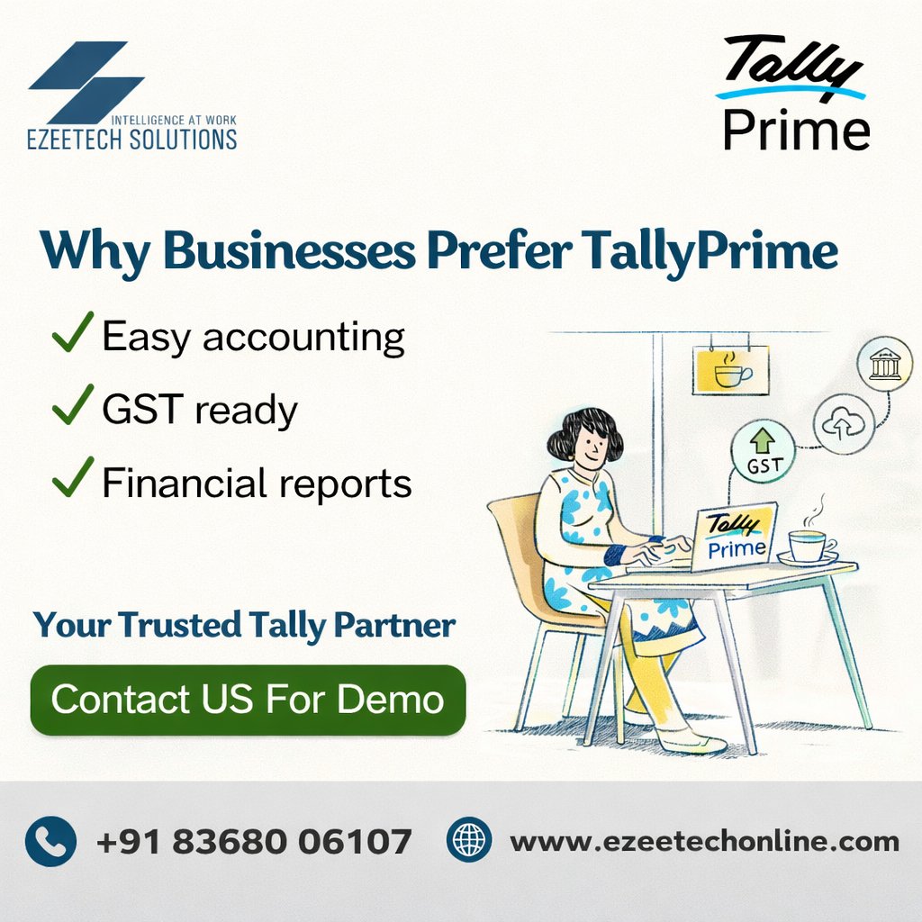 ezeetechonline1's tweet photo. 🚀 Make Accounting Easy with TallyPrime...
Take control of your business finances with TallyPrime.
✔ Easy Accounting
✔ GST Ready
✔ Powerful Financial Reports
📩 Contact us now for a demo and consultation.
📞+91 83680 06107
#tallyprime #AccountingTips #GSTSoftware #Business https://t.co/PPrgVyHLrs
