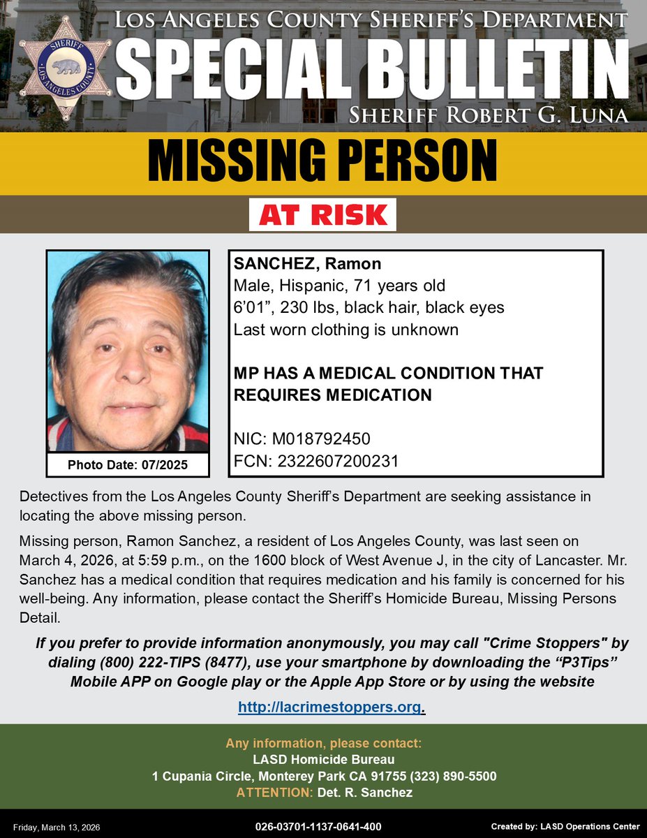 LASDHQ's tweet image. #LASD is Asking for the Public's Help Locating At-Risk Missing Person, Ramon Sanchez #Lancaster

local.nixle.com/alert/12257771